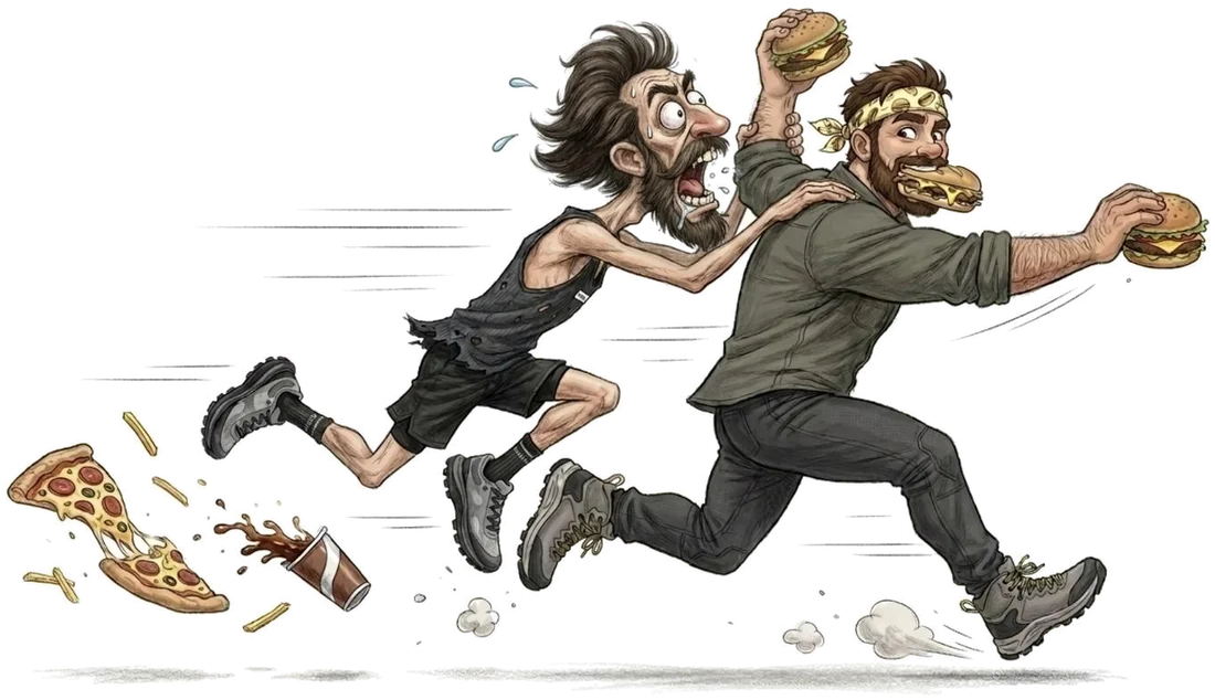 Pablo running off with a sandwich and two burgers while his friend hangs off his arm trying to bite one